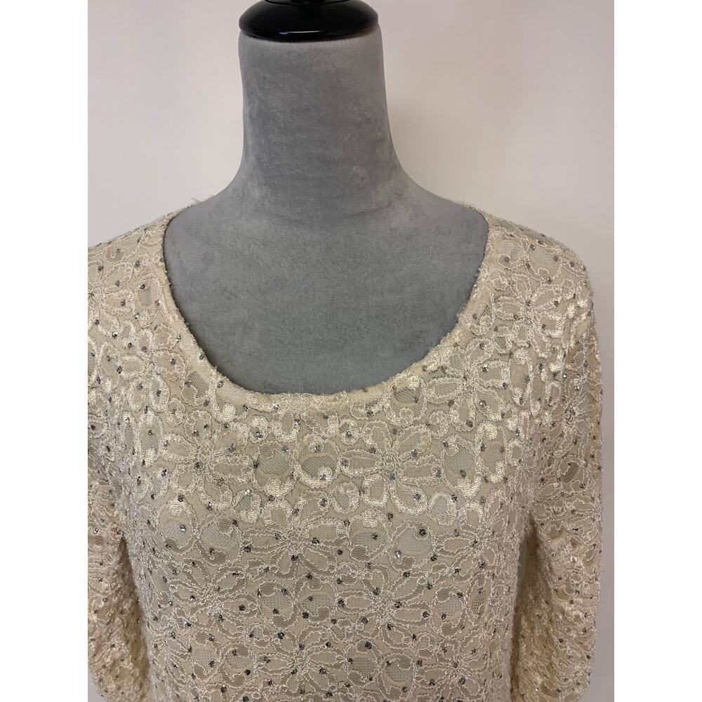 Blouse Floral Lace Sequins Sheer Ivory Glam Bling Formal Womens SZ M(est) - Picture 2 of 8